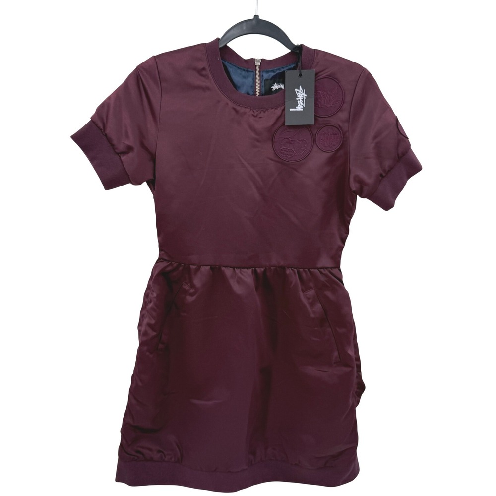 Stussy Action Flight Dress Burgundy Satin Bomber Mini Patches 211088 Mens S